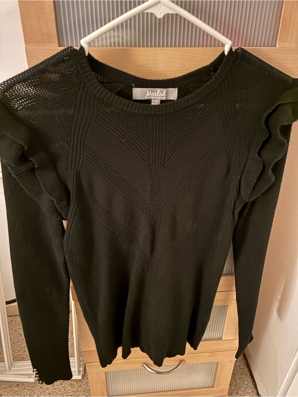 Marled Black Knit Ruffle-Shoulder Sweater